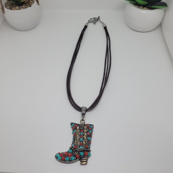 3 Strand Distressed Leather Necklace with Cowboy Boot Pendant - Picture 4 of 6